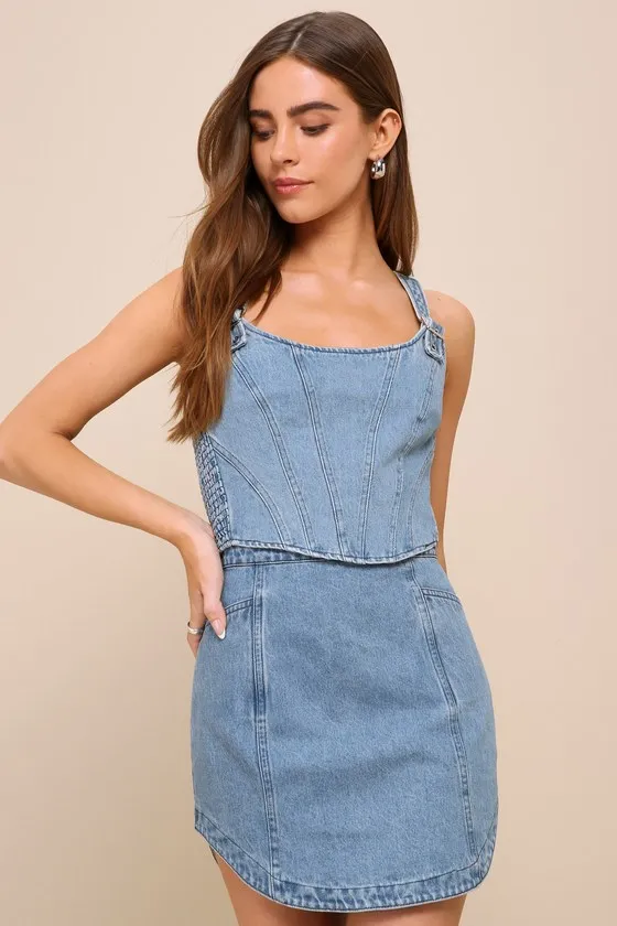 Flirty Cutie Medium Wash Bustier Two-Piece Denim Mini Dress sold by Lulus