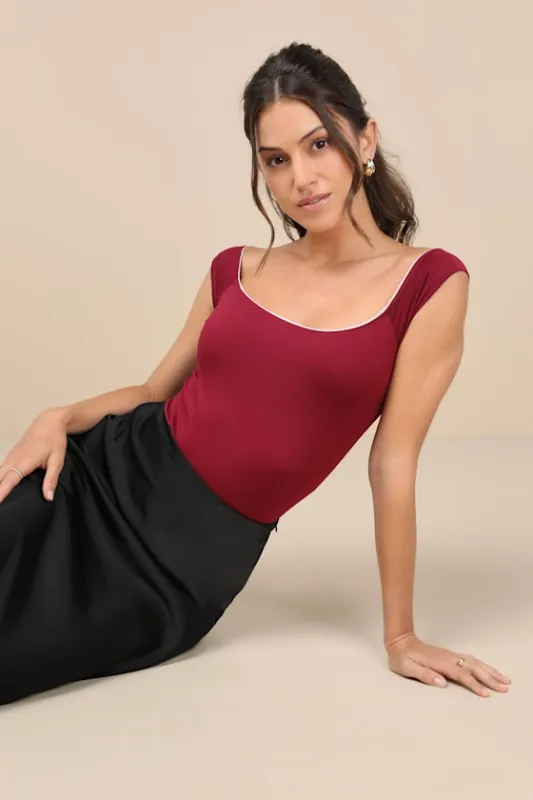 Flattering Attitude Burgundy Lace Off-the-Shoulder Bodysuit sold by Lulus