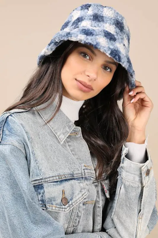 Cuddly Favorite Blue Plaid Shearling Bucket Hat sold by Lulus