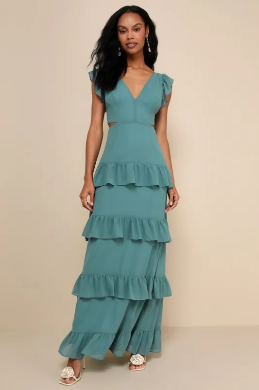 Elegant Mentality Teal Blue Ruffled Tiered Cutout Maxi Dress sold by Lulus