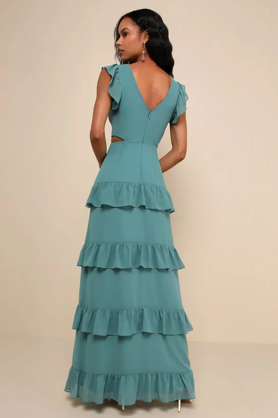 Elegant Mentality Teal Blue Ruffled Tiered Cutout Maxi Dress sold by Lulus product image thumbnail 2