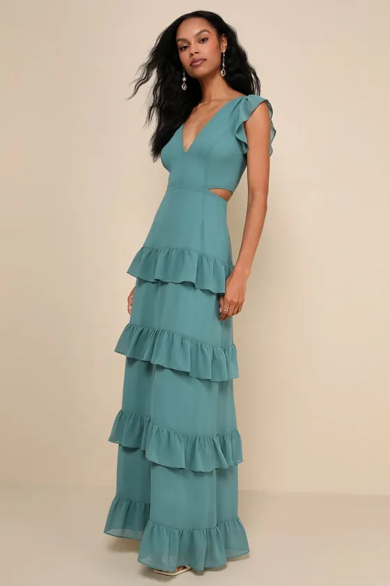 Elegant Mentality Teal Blue Ruffled Tiered Cutout Maxi Dress sold by Lulus product image thumbnail 3