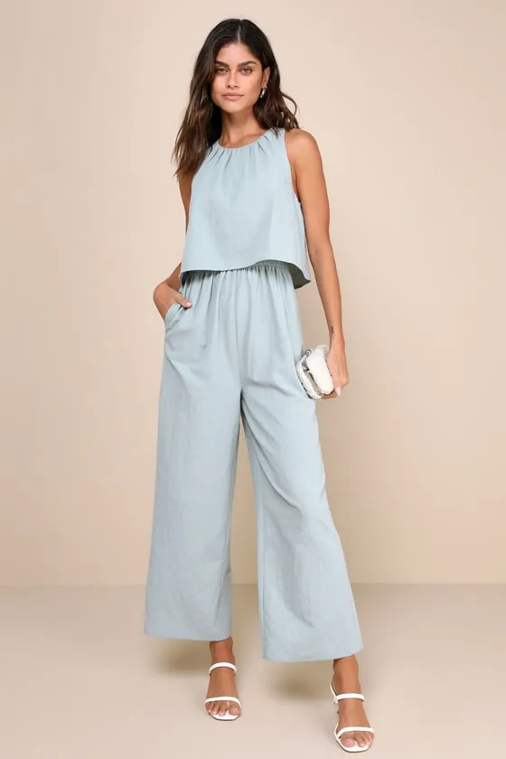 Breezy Sophistication Sage Green Textured Wide-Leg Jumpsuit sold by Lulus