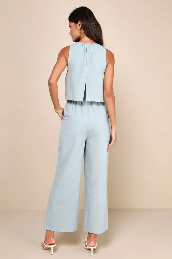 Breezy Sophistication Sage Green Textured Wide-Leg Jumpsuit sold by Lulus product image thumbnail 2