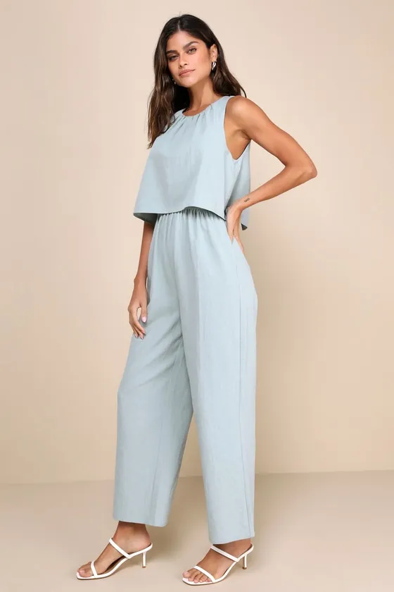 Breezy Sophistication Sage Green Textured Wide-Leg Jumpsuit sold by Lulus product image thumbnail 3