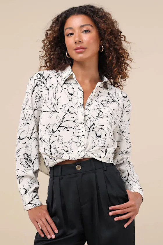Artsy Attitude White Floral Collared Twist Hem Button-Up Top sold by Lulus