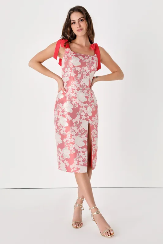 Feeling Radiant Coral Pink Floral Jacquard Tie-Strap Midi Dress sold by Lulus