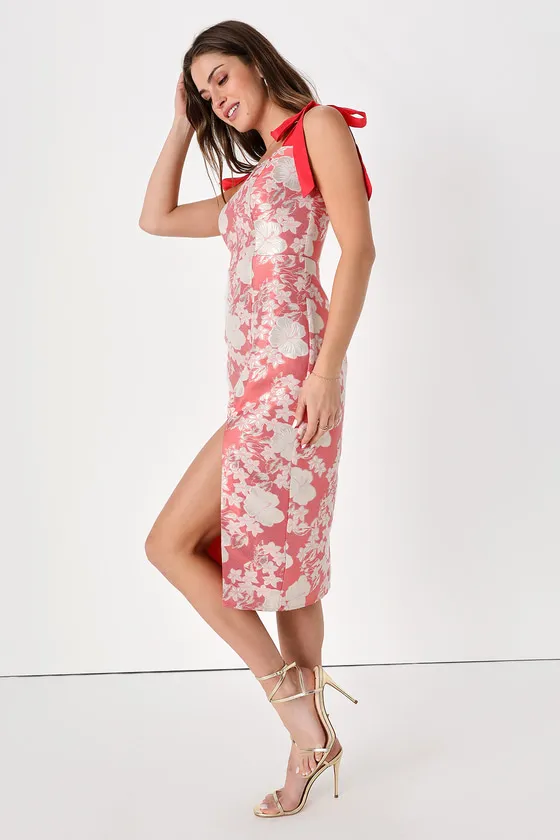 Feeling Radiant Coral Pink Floral Jacquard Tie-Strap Midi Dress sold by Lulus product image thumbnail 3