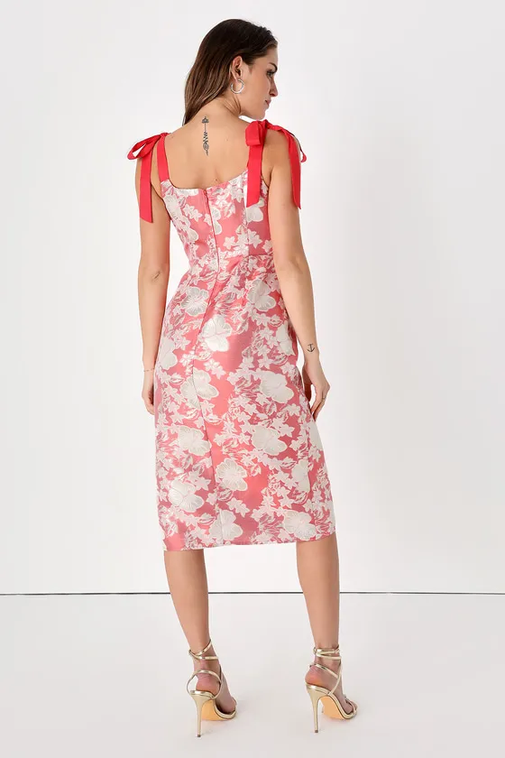 Feeling Radiant Coral Pink Floral Jacquard Tie-Strap Midi Dress sold by Lulus product image thumbnail 4