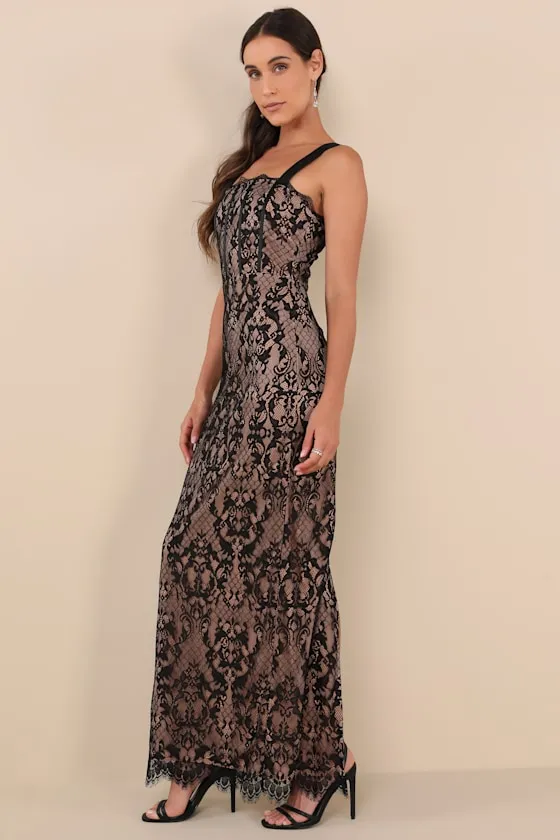 Classy Flirtation Black and Beige Lace Bustier Maxi Dress sold by Lulus product image thumbnail 4