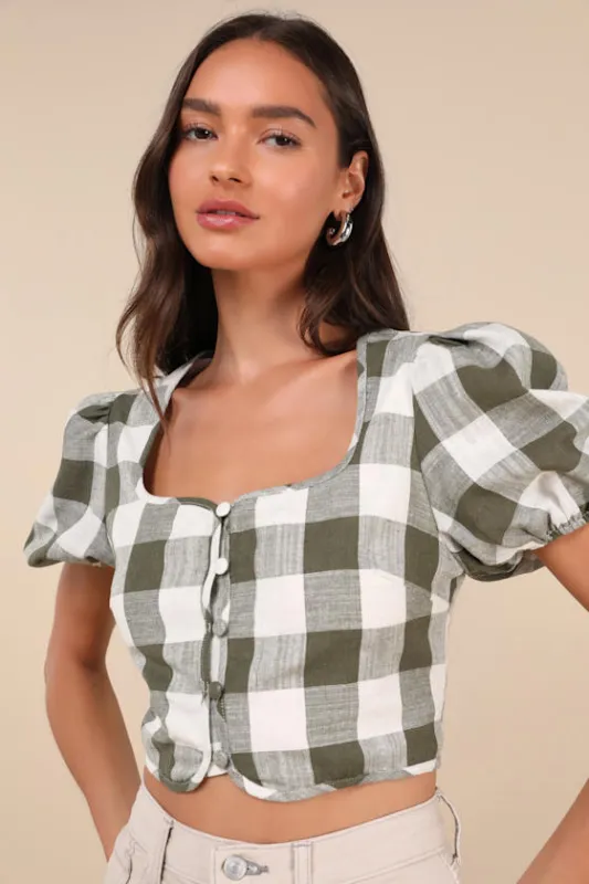 Cutest Whimsy Green Gingham Puff Sleeve Button-Front Crop Top sold by Lulus