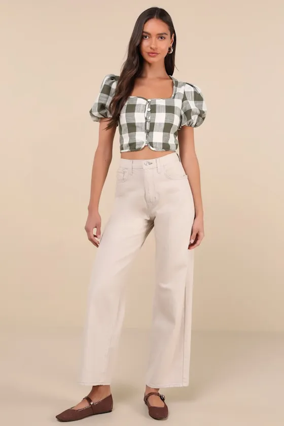 Cutest Whimsy Green Gingham Puff Sleeve Button-Front Crop Top sold by Lulus product image thumbnail 2
