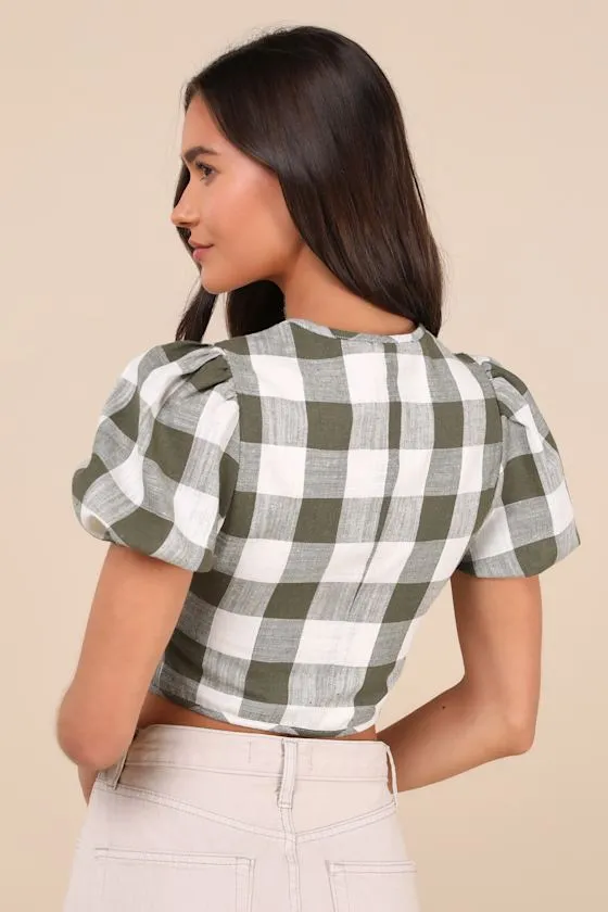 Cutest Whimsy Green Gingham Puff Sleeve Button-Front Crop Top sold by Lulus product image thumbnail 3