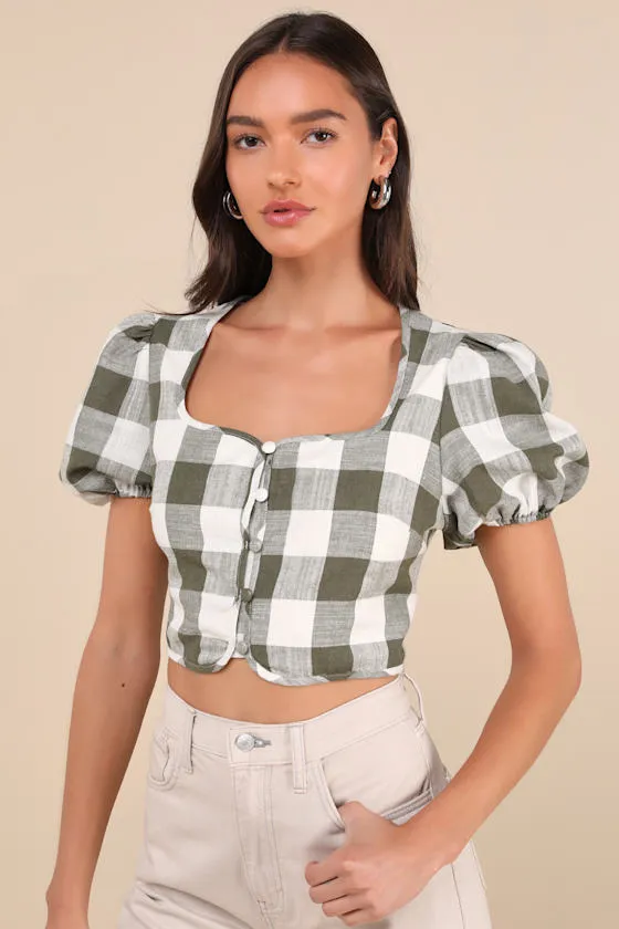 Cutest Whimsy Green Gingham Puff Sleeve Button-Front Crop Top sold by Lulus product image thumbnail 4