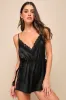 Enticing Fantasy Black Satin Lace Tie-Side Lingerie Romper sold by Lulus