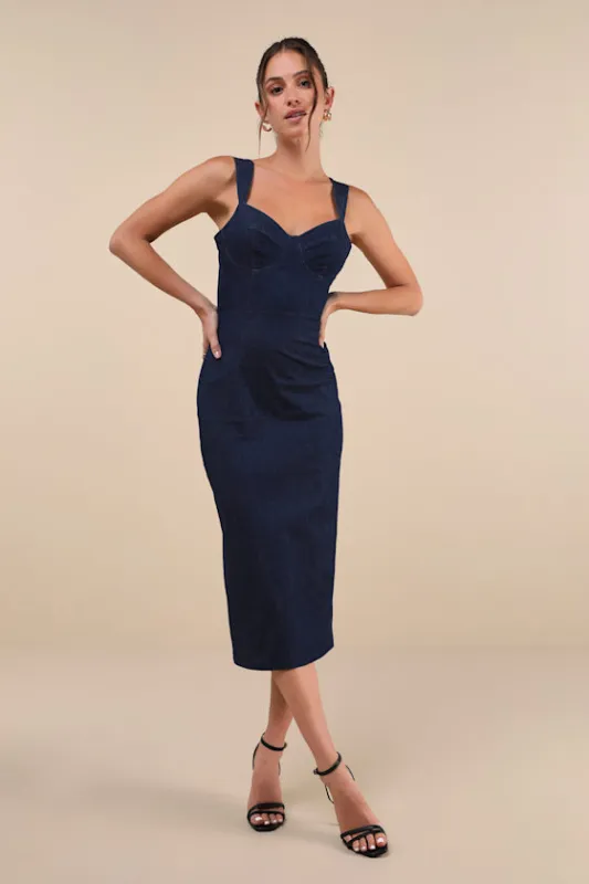 Keep It Darling Dark Wash Denim Bustier Lace-Up Midi Dress sold by Lulus
