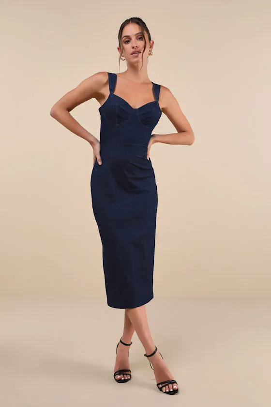 Keep It Darling Dark Wash Denim Bustier Lace-Up Midi Dress sold by Lulus