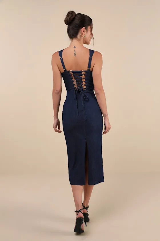 Keep It Darling Dark Wash Denim Bustier Lace-Up Midi Dress sold by Lulus product image thumbnail 2