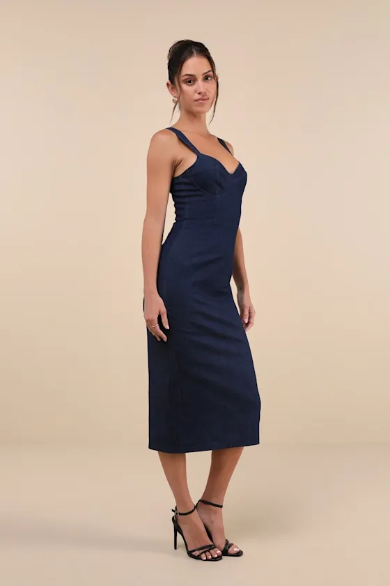 Keep It Darling Dark Wash Denim Bustier Lace-Up Midi Dress sold by Lulus product image thumbnail 3