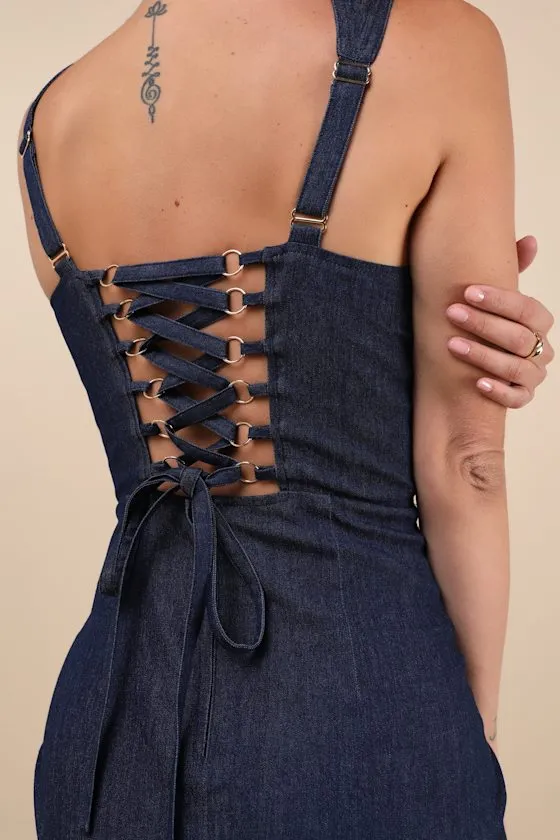 Keep It Darling Dark Wash Denim Bustier Lace-Up Midi Dress sold by Lulus product image thumbnail 4