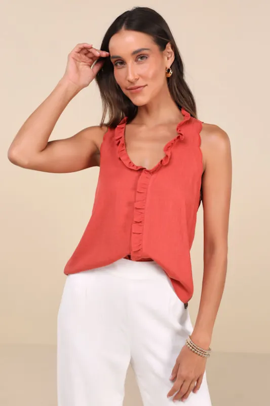 Casual Style Rust Orange Ruffled Sleeveless Button-Up Tank Top sold by Lulus
