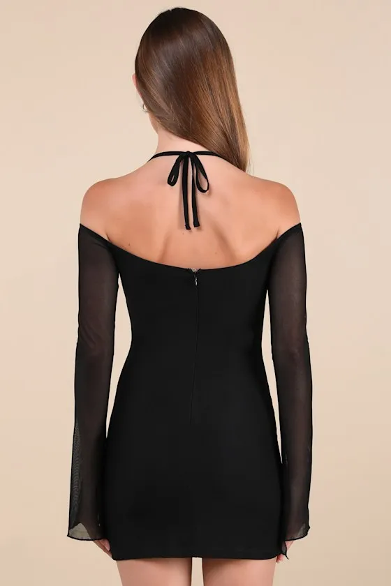 Flirty Silhouette Black Mesh Long Sleeve Halter Mini Dress sold by Lulus product image thumbnail 2