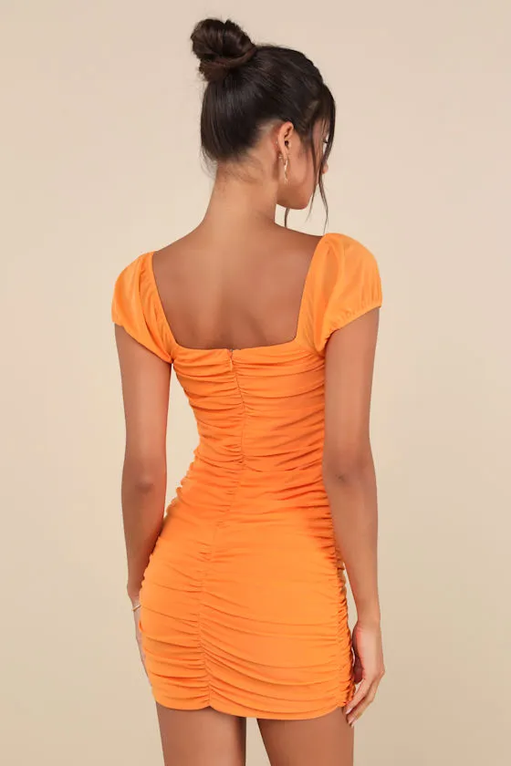 Sensational Instincts Orange Mesh Ruched Bodycon Mini Dress sold by Lulus product image thumbnail 2