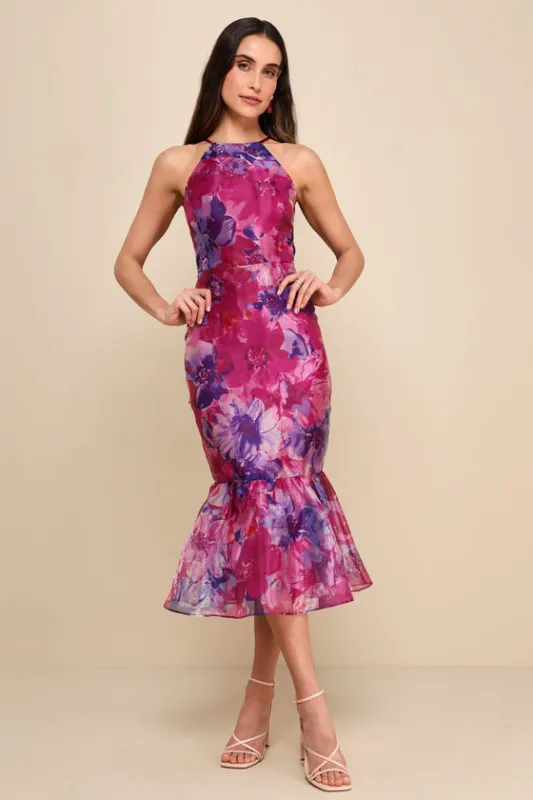 Admirable Essence Magenta Floral Organza Trumpet Midi Dress sold by Lulus
