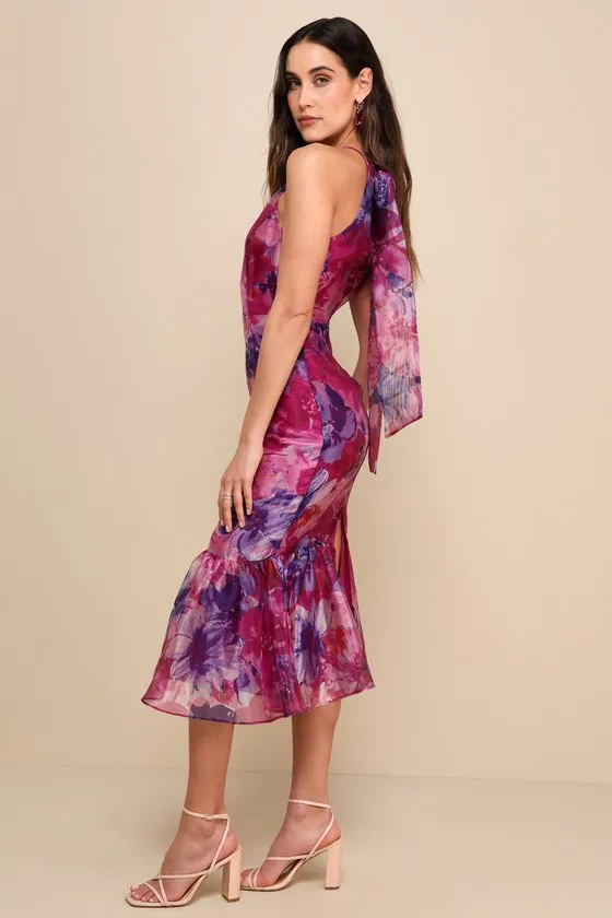 Admirable Essence Magenta Floral Organza Trumpet Midi Dress sold by Lulus product image thumbnail 2