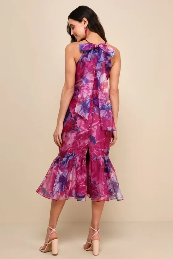 Admirable Essence Magenta Floral Organza Trumpet Midi Dress sold by Lulus product image thumbnail 3