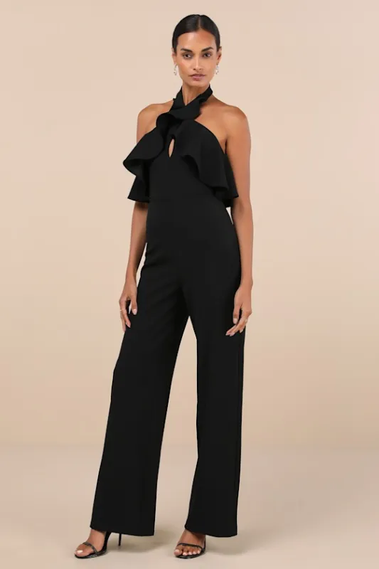Elegant Flair Black Ruffled Wide-Leg Halter Jumpsuit sold by Lulus