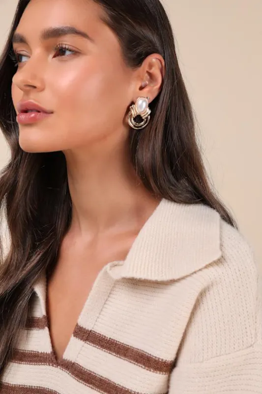 Special Essence Gold Pearl Abstract Statement Earrings sold by Lulus