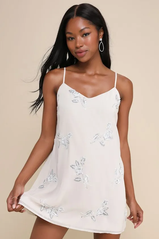 Elevated Approach Grey Beaded Sequin Floral Shift Mini Dress sold by Lulus