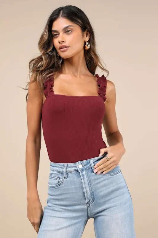 Musing About You Burgundy Ribbed Ruffle Strap Bodysuit sold by Lulus