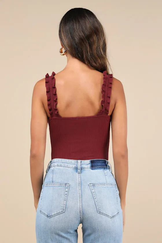 Musing About You Burgundy Ribbed Ruffle Strap Bodysuit sold by Lulus product image thumbnail 2