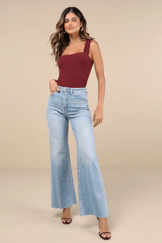 Musing About You Burgundy Ribbed Ruffle Strap Bodysuit sold by Lulus product image thumbnail 3