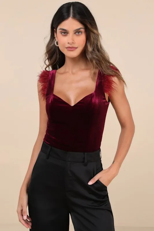 Fabulous Vibe Plum Velvet Feather Sleeveless Bodysuit sold by Lulus
