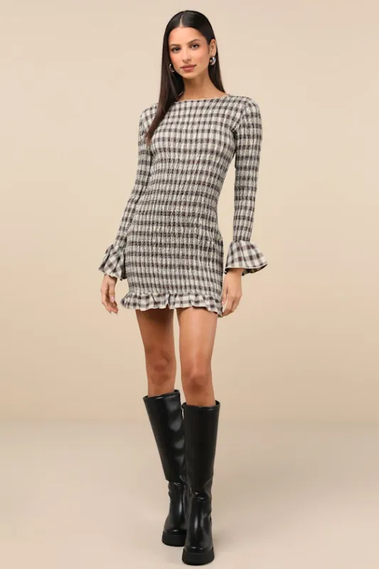 Poised Enthusiasm Brown Gingham Smocked Mini Dress made by Lulus