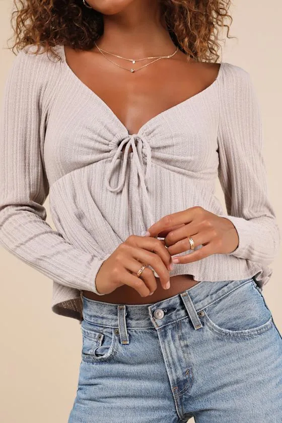 Impressively Charming Taupe Tie-Front Long Sleeve Top sold by Lulus product image thumbnail 4