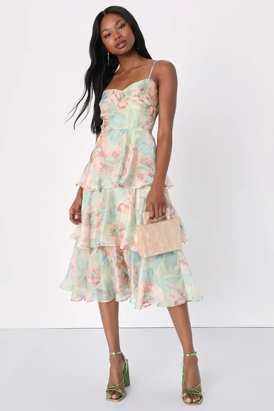 Darling Aesthetic Green Floral Print Tiered Midi Dress sold by Lulus