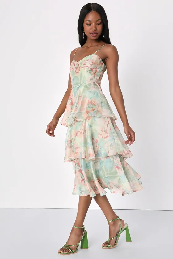 Darling Aesthetic Green Floral Print Tiered Midi Dress sold by Lulus product image thumbnail 3