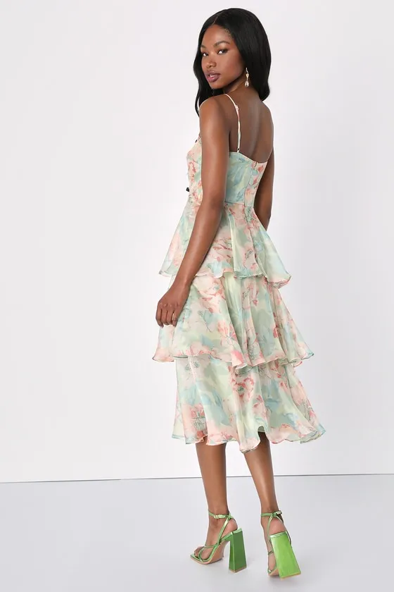 Darling Aesthetic Green Floral Print Tiered Midi Dress sold by Lulus product image thumbnail 4