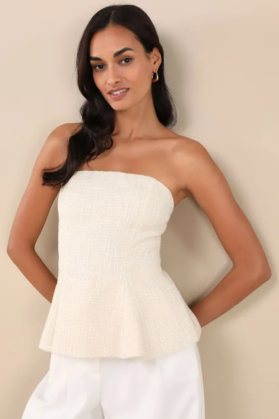 Sweetened Attitude Cream Tweed Strapless Peplum Top sold by Lulus