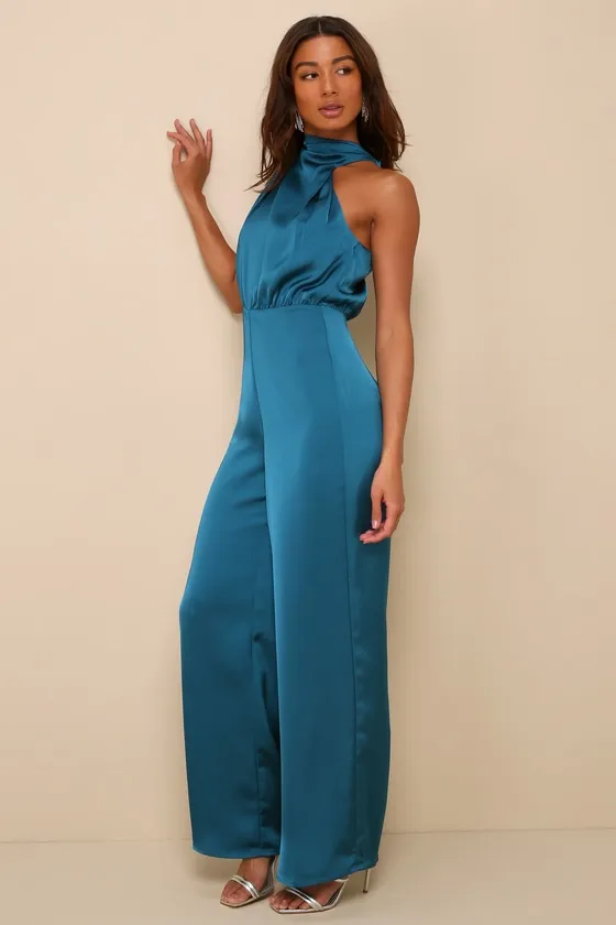 Stunning Promise Teal Green Satin Asymmetrical Wide-Leg Jumpsuit sold by Lulus