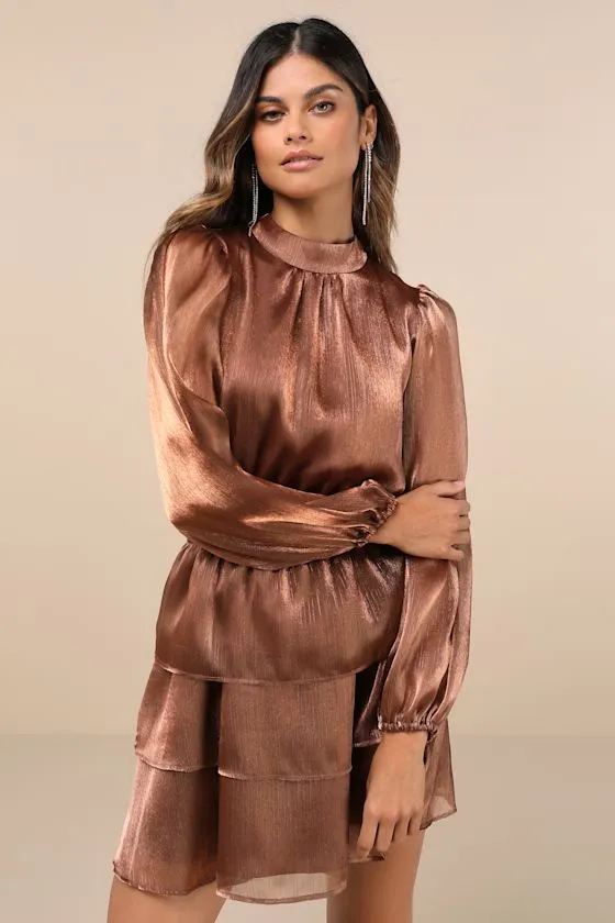 Ideal Behavior Bronze Metallic Backless Tiered Mini Dress sold by Lulus