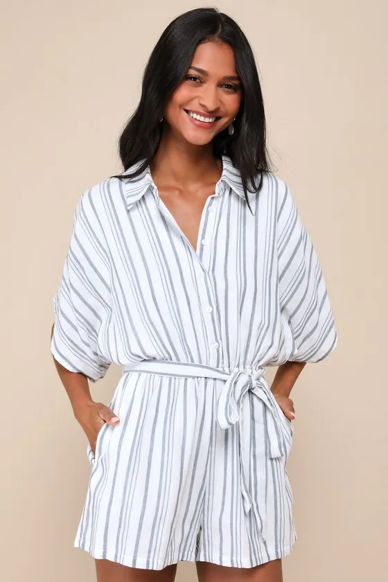 Sun-Drenched Sweetie White and Blue Striped Button-Up Romper sold by Lulus