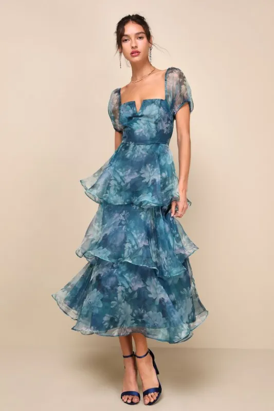 Darling Vision Teal Floral Organza Puff Sleeve Tiered Midi Dress sold by Lulus