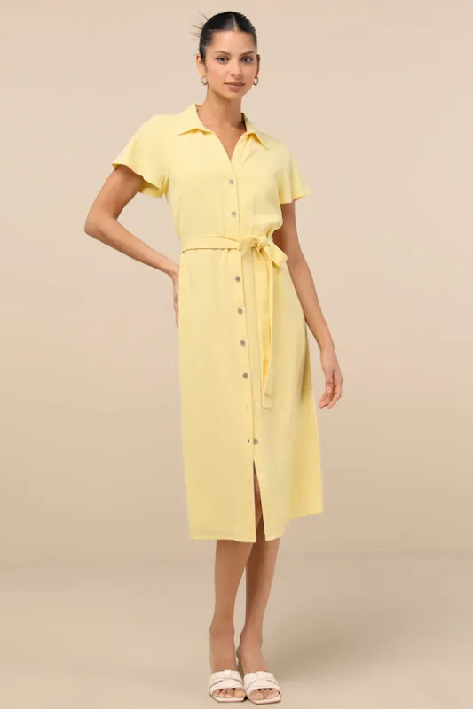 Italian Summer Light Yellow Linen Button-Up Short Sleeve Dress sold by Lulus