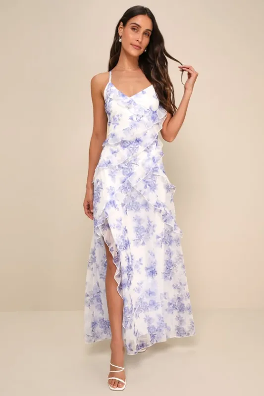 So Gorgeous White and Blue Floral Ruffled Lace-Up Maxi Dress sold by Lulus