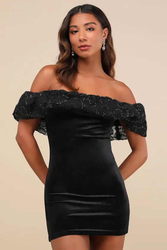 Lavishly Adored Black Tulle Velvet Off-the-Shoulder Mini Dress sold by Lulus product image thumbnail 2
